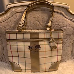 Coach plaid design and gold accent handbag, full zip closure , smoke free home